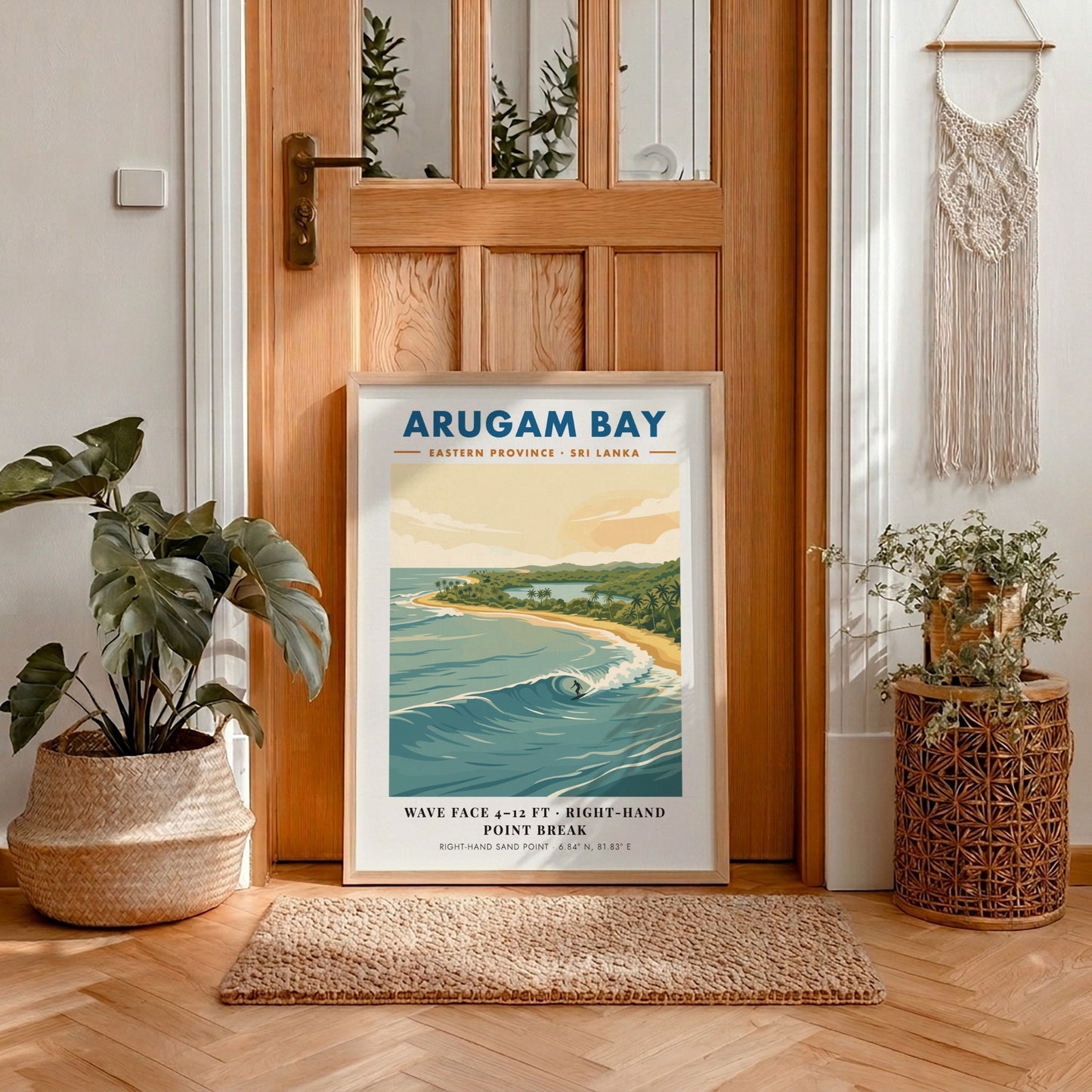 Arugam Bay surf poster featuring a surfer on a wave with tropical coastline scenery.