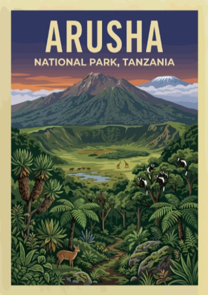 Aruha National Park poster featuring vibrant landscapes, mountains, and wildlife in rich colors.