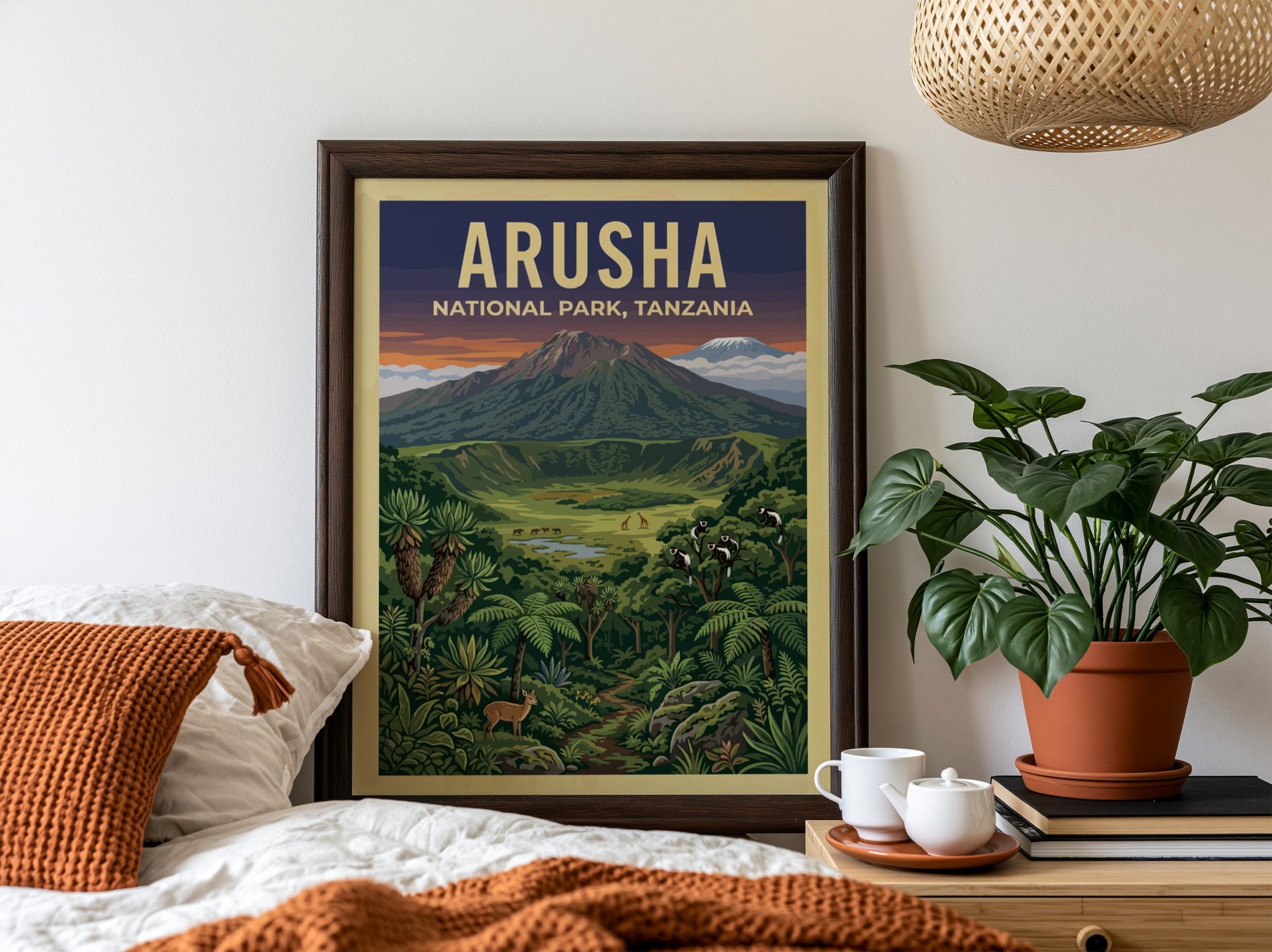 Aruha National Park poster featuring vibrant landscapes, mountains, and wildlife in rich colors.