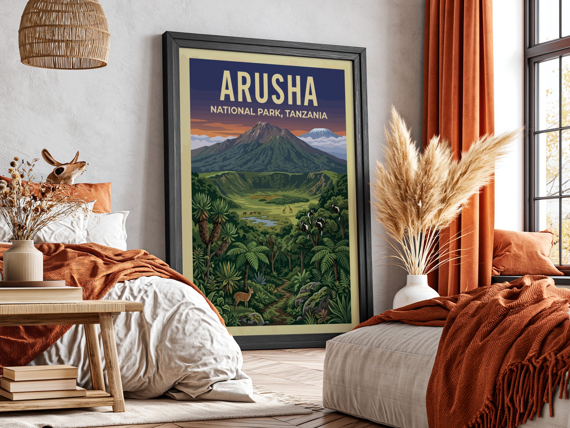 Aruha National Park poster featuring vibrant landscapes, mountains, and wildlife in rich colors.