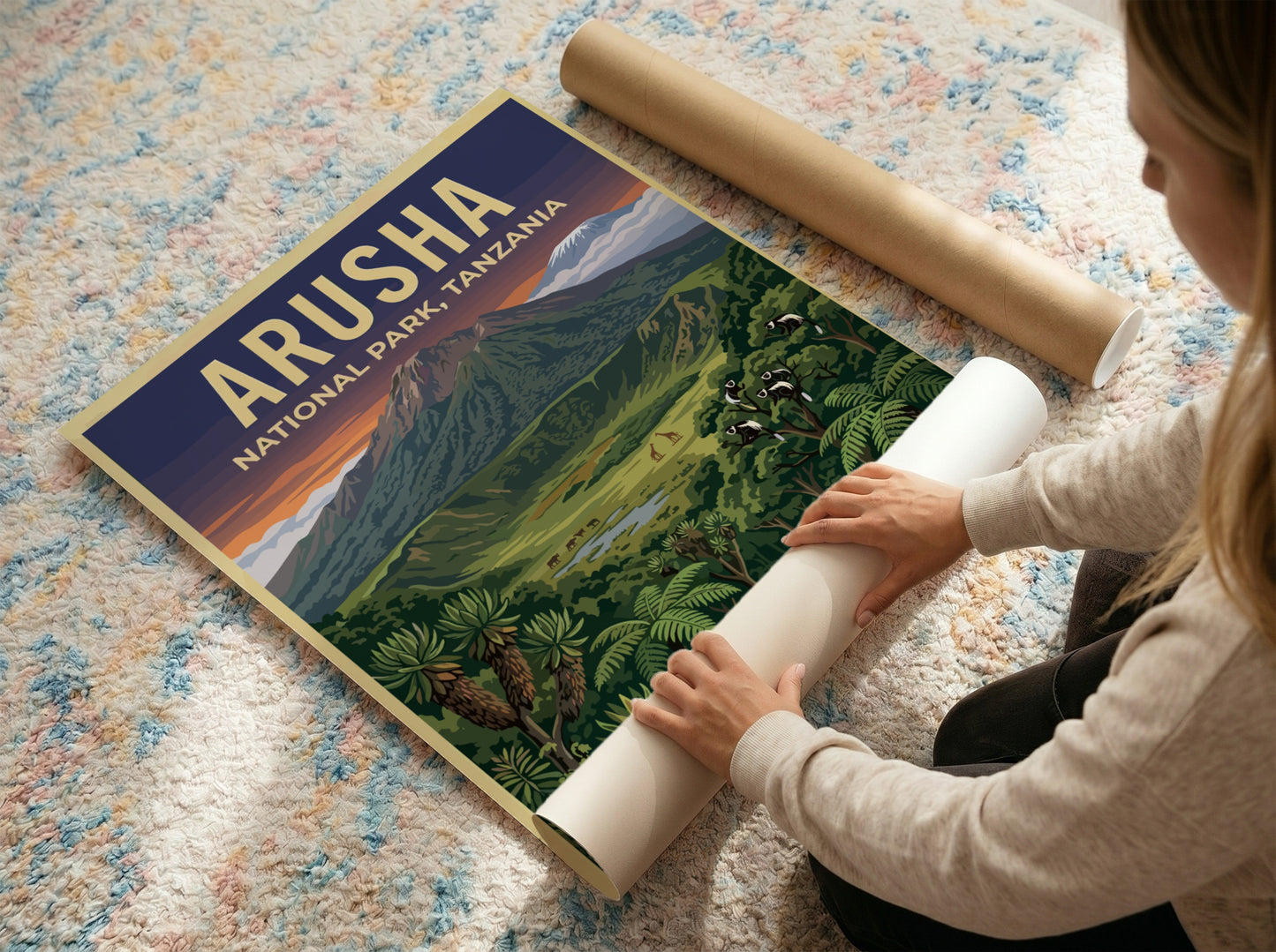 Aruha National Park poster featuring vibrant landscapes, mountains, and wildlife in rich colors.