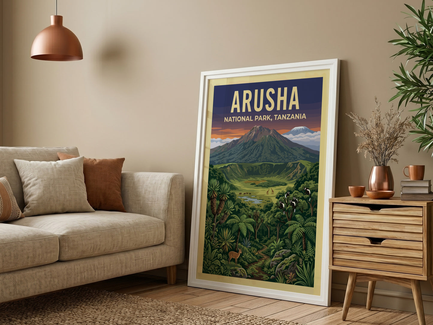 Aruha National Park poster featuring vibrant landscapes, mountains, and wildlife in rich colors.