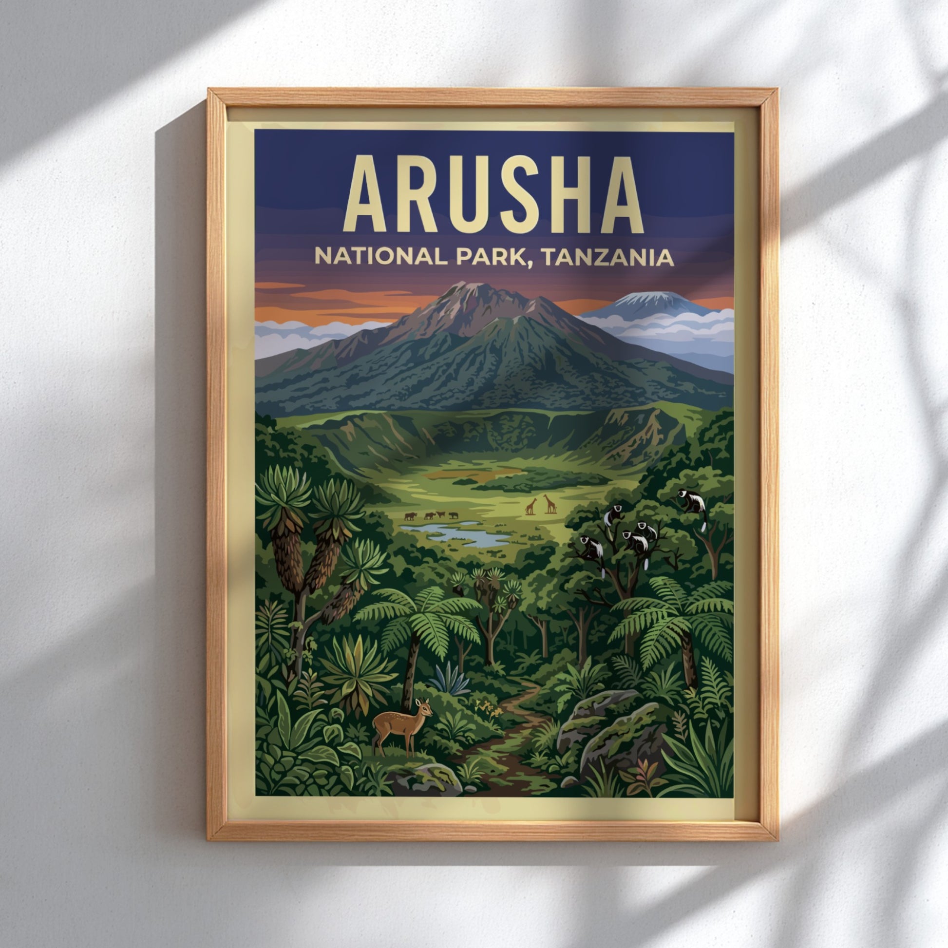 Aruha National Park poster featuring vibrant landscapes, mountains, and wildlife in rich colors.