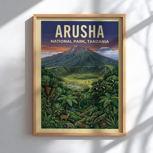 Aruha National Park poster featuring vibrant landscapes, mountains, and wildlife in rich colors.