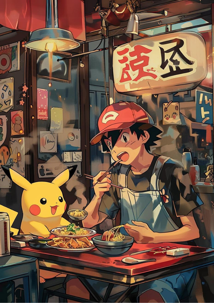 Ash and Pikachu Ramen Poster: Pokémon Anime Poster in Japanese Tapestry Style