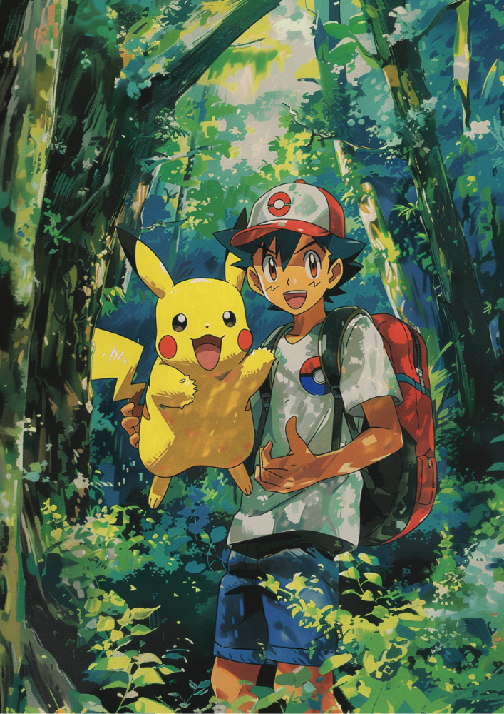 Ash and Pikachu Adventures: Pokémon Anime Poster in Japanese Tapestry Style