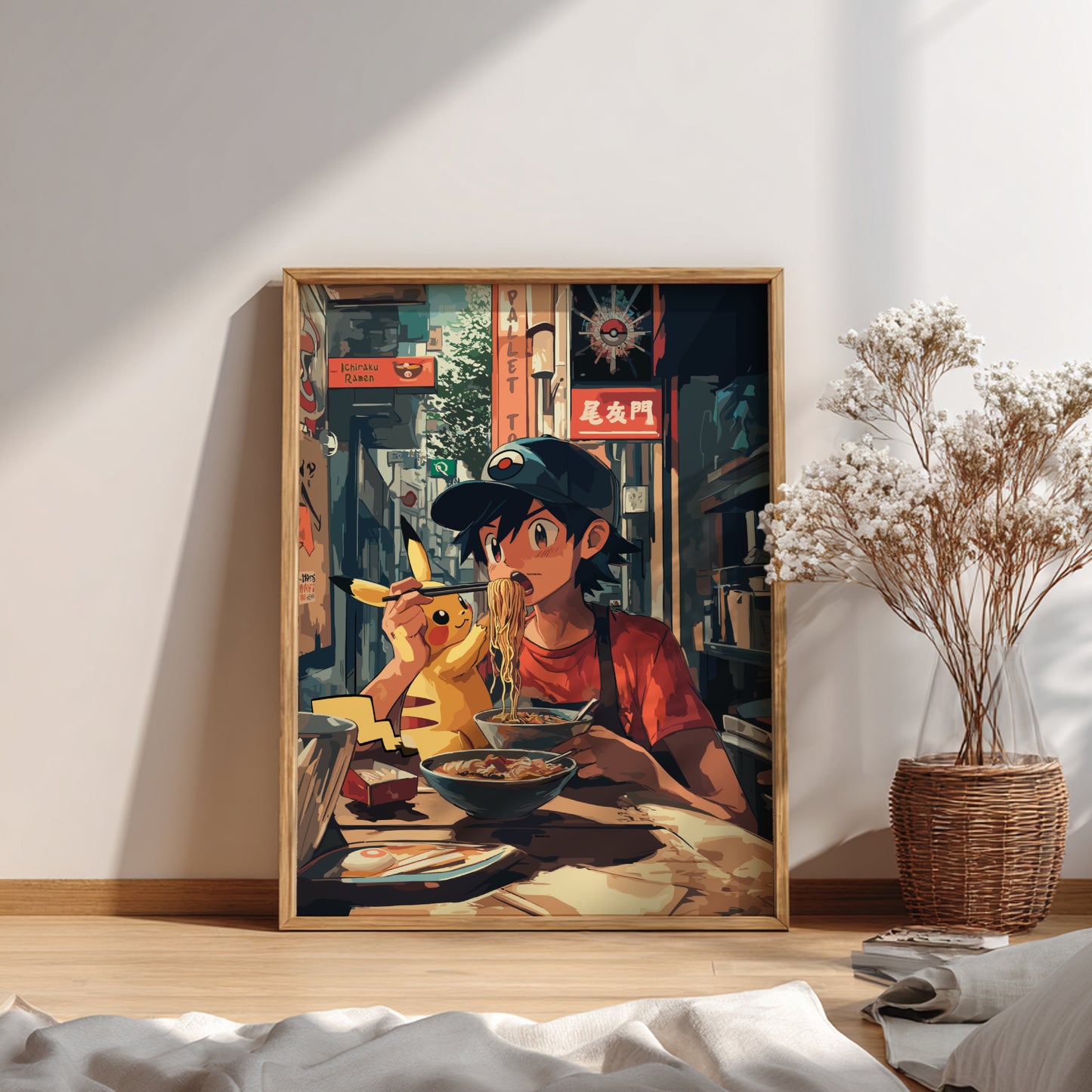 Framed artwork of Ash eating noodles with Pikachu in a restaurant setting.