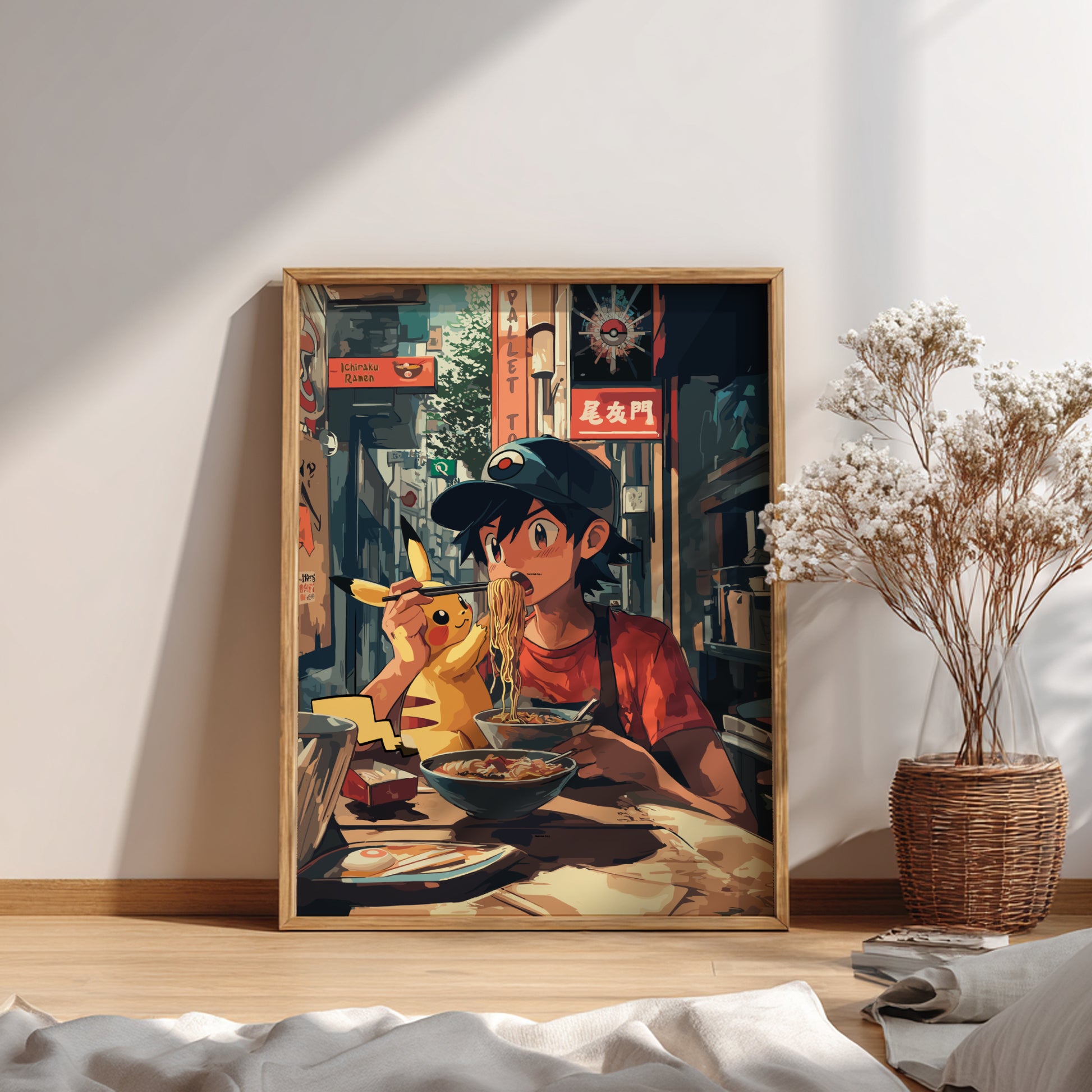 Framed artwork of Ash eating noodles with Pikachu in a restaurant setting.