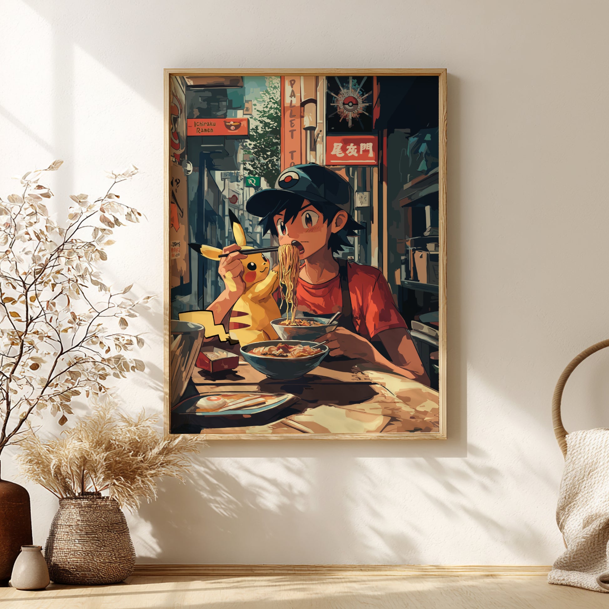 Framed artwork of Ash and Pikachu eating noodles in a room setting.