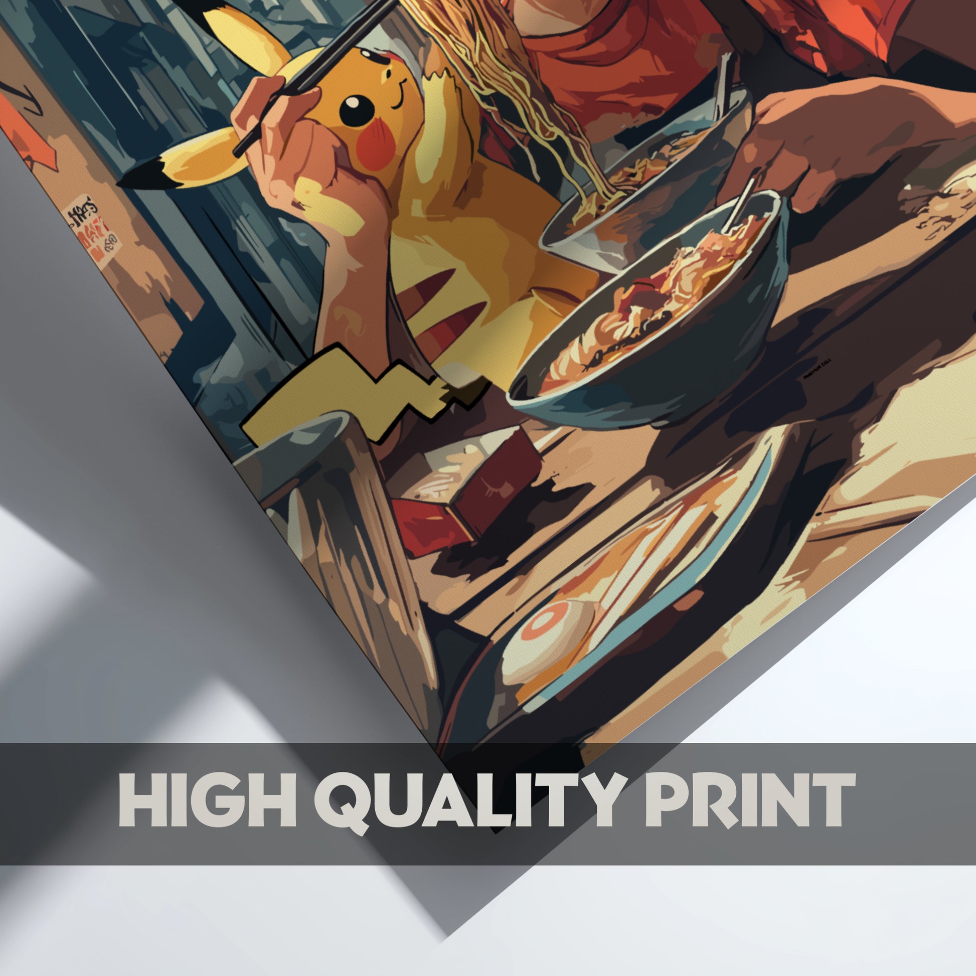 Illustration of Ash and Pikachu eating ramen with 'High Quality Print' text.