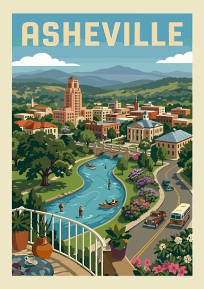 Vintage Asheville cityscape travel poster print with a river, mountains, and retro cars.