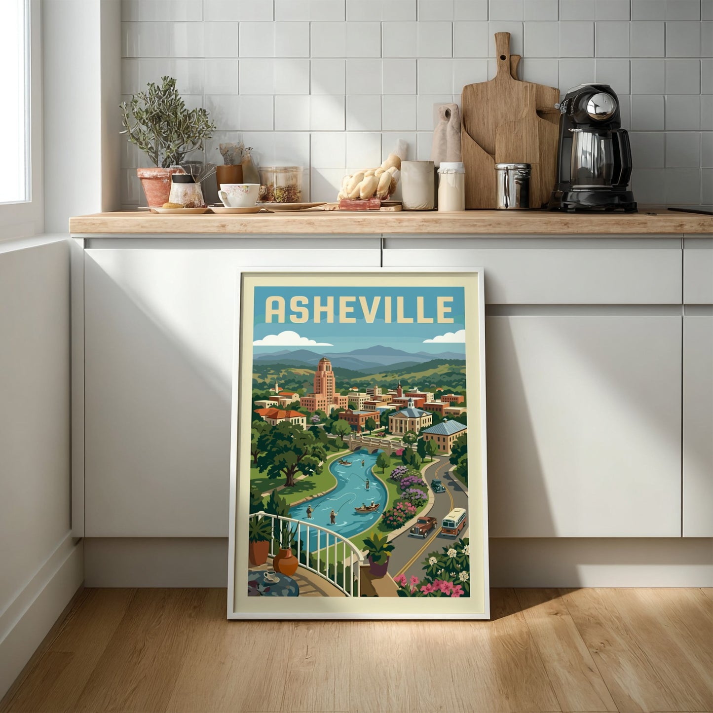 Vintage Asheville cityscape travel poster print with a river, mountains, and retro cars.
