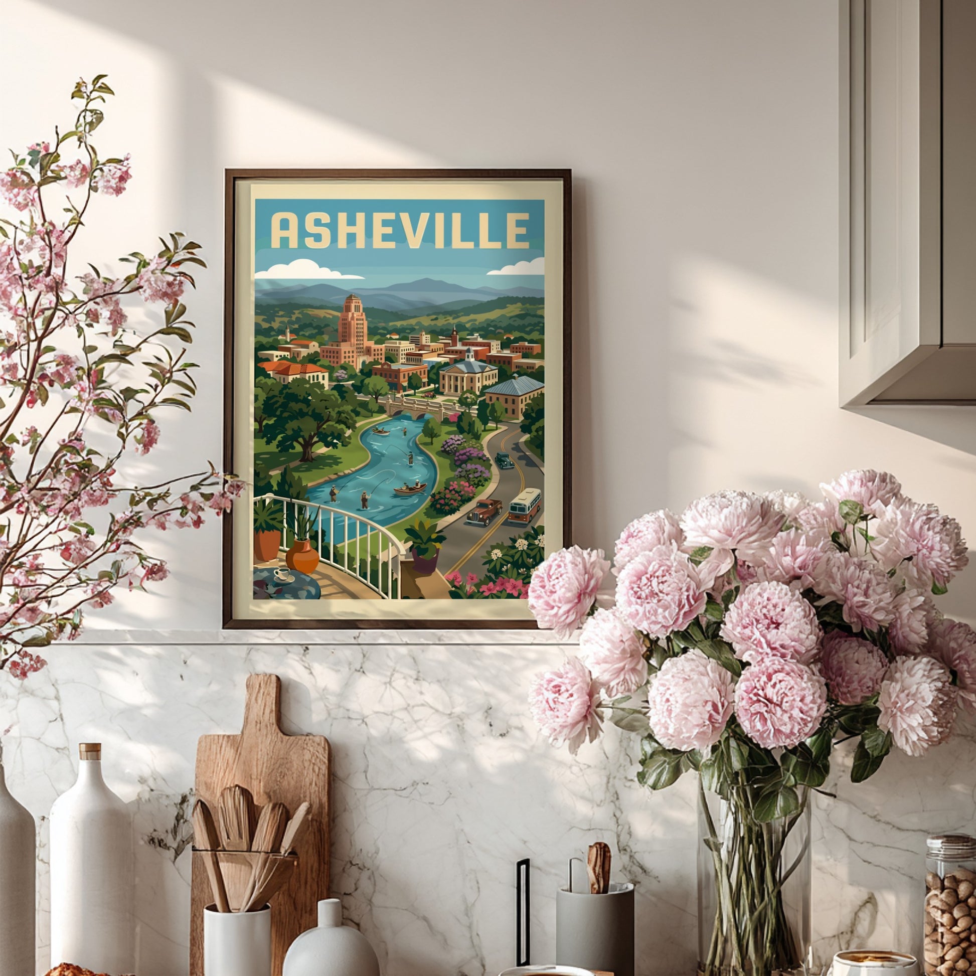 Vintage Asheville cityscape travel poster print with a river, mountains, and retro cars.