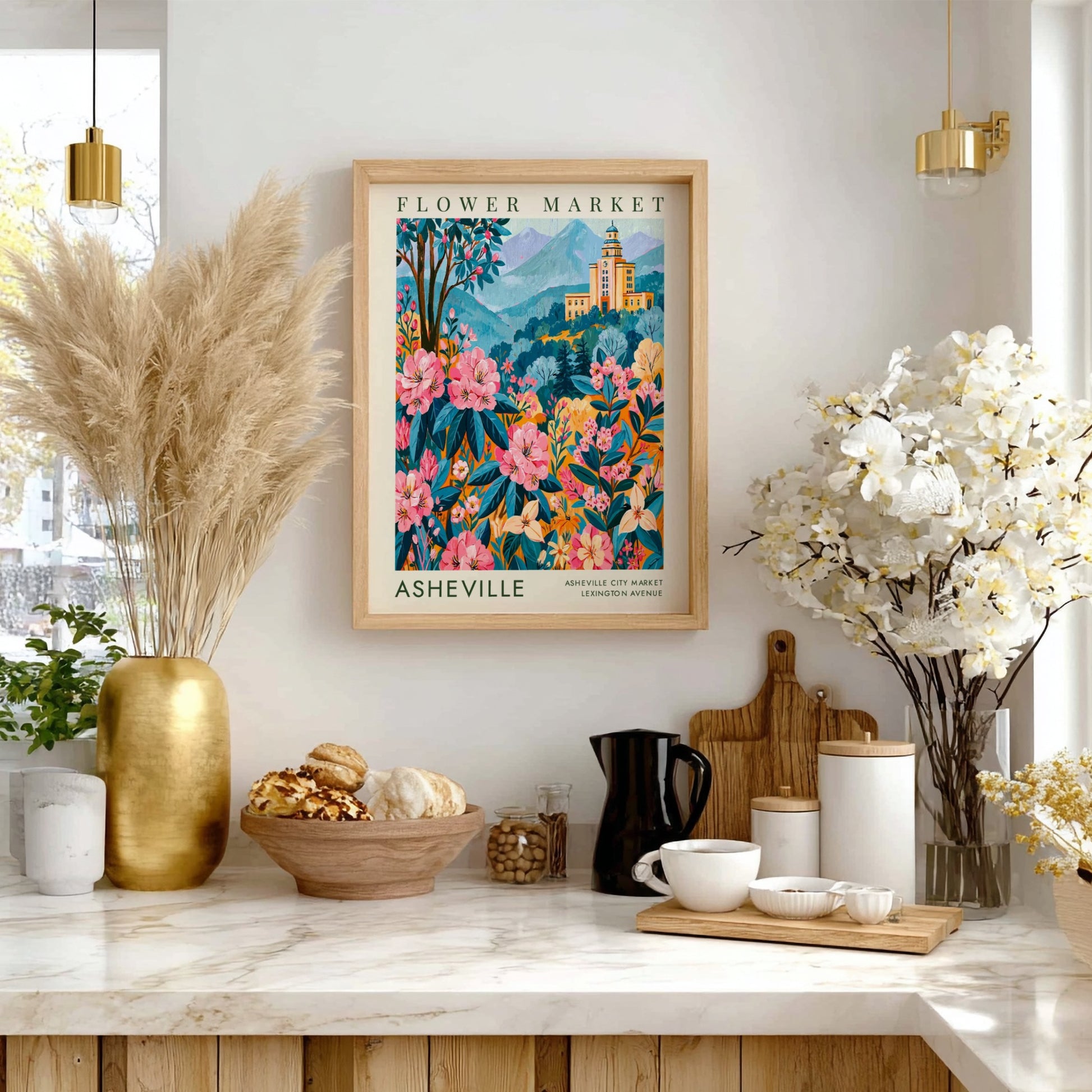 Flower market poster featuring Asheville cityscape with colorful blooms and mountains in a vibrant art style