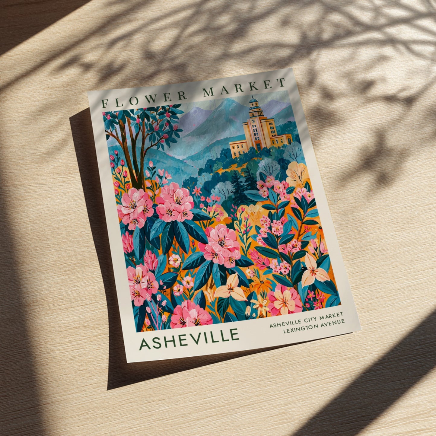 Flower market poster featuring Asheville cityscape with colorful blooms and mountains in a vibrant art style