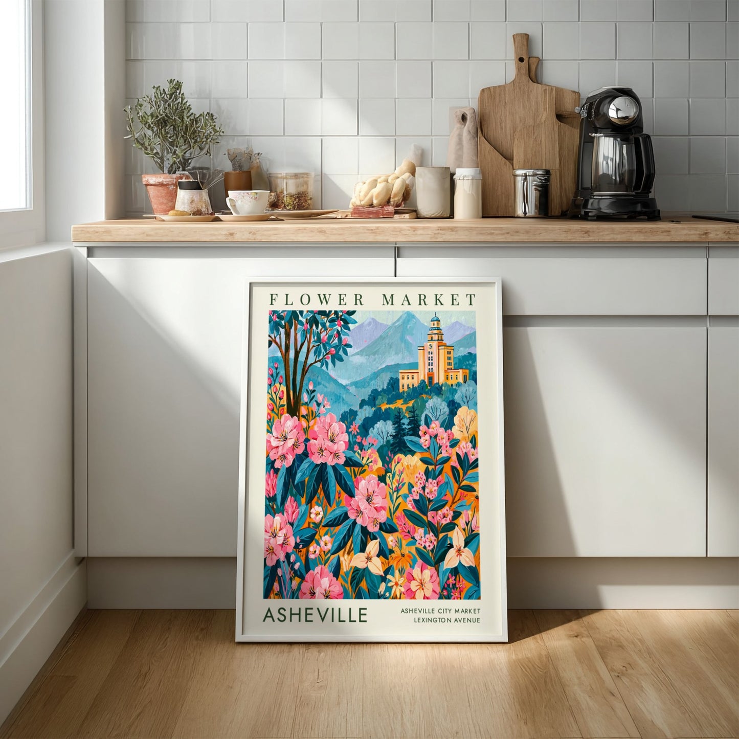Flower market poster featuring Asheville cityscape with colorful blooms and mountains in a vibrant art style