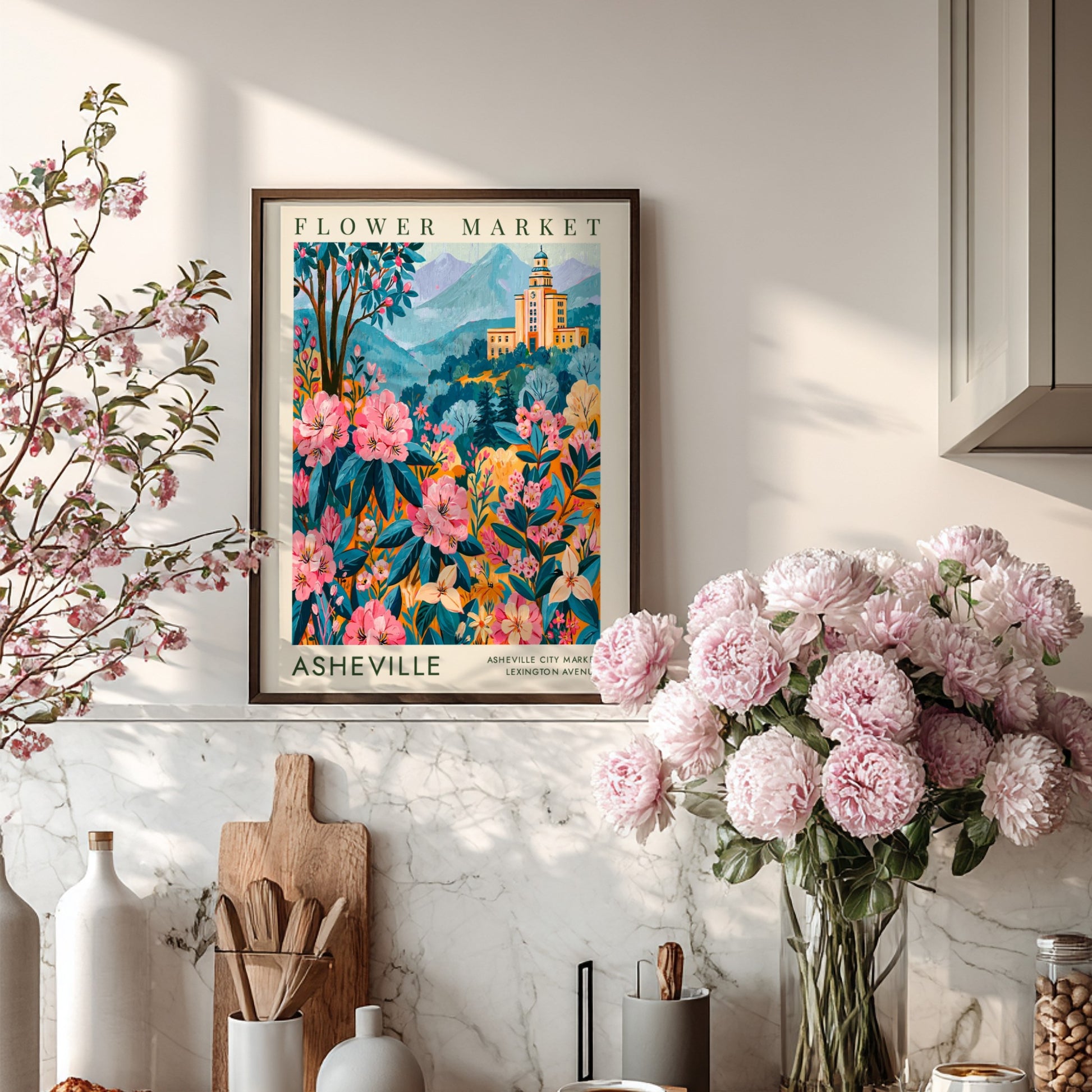 Flower market poster featuring Asheville cityscape with colorful blooms and mountains in a vibrant art style