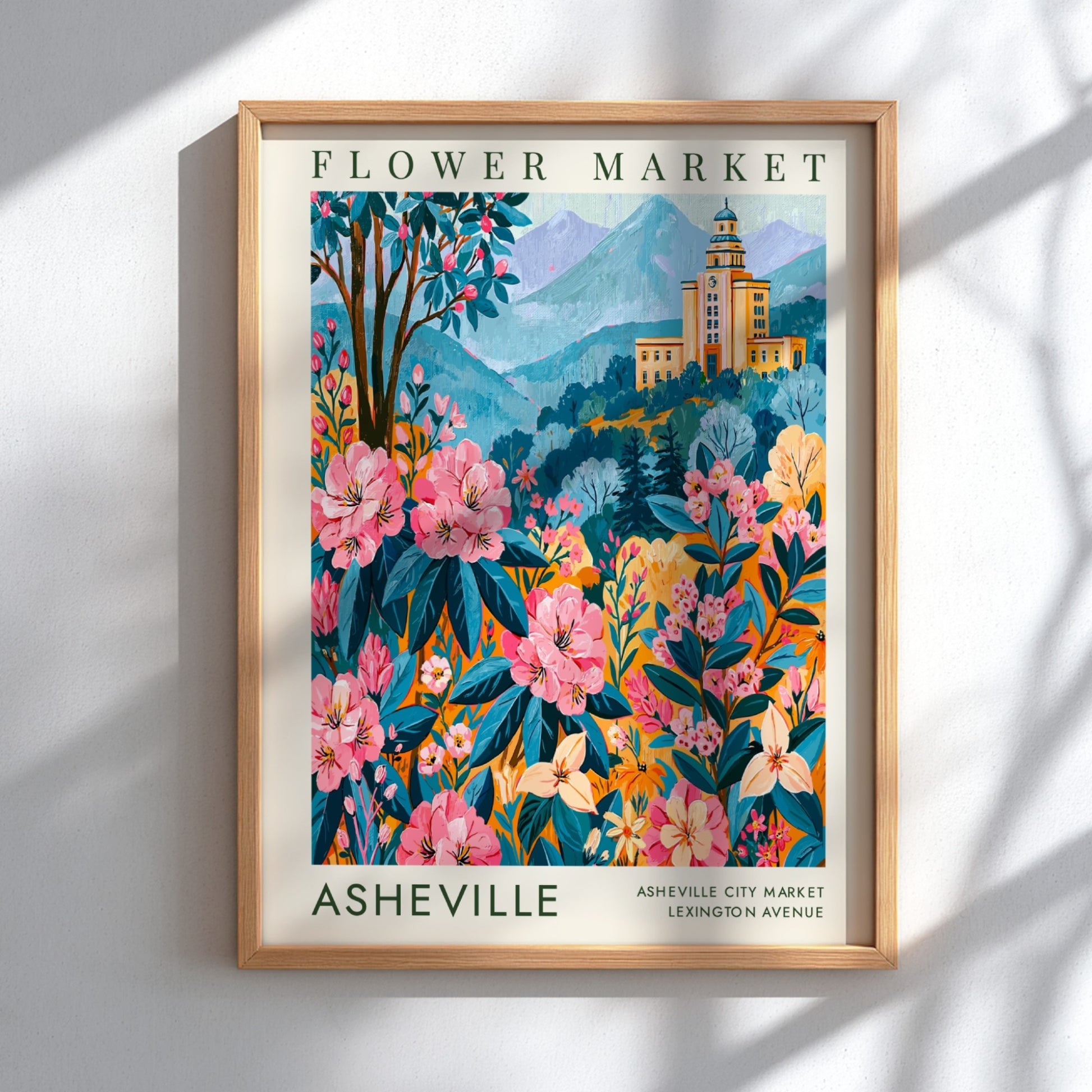 Flower market poster featuring Asheville cityscape with colorful blooms and mountains in a vibrant art style