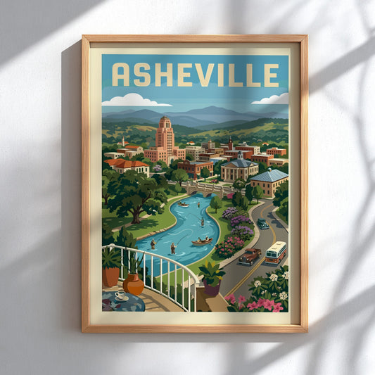 Vintage Asheville cityscape travel poster print with a river, mountains, and retro cars.