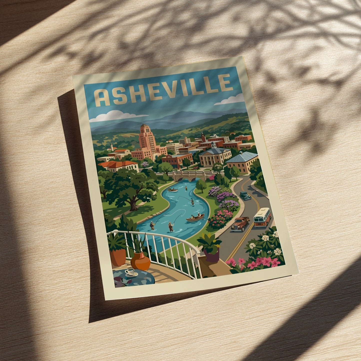 Vintage Asheville cityscape travel poster print with a river, mountains, and retro cars.