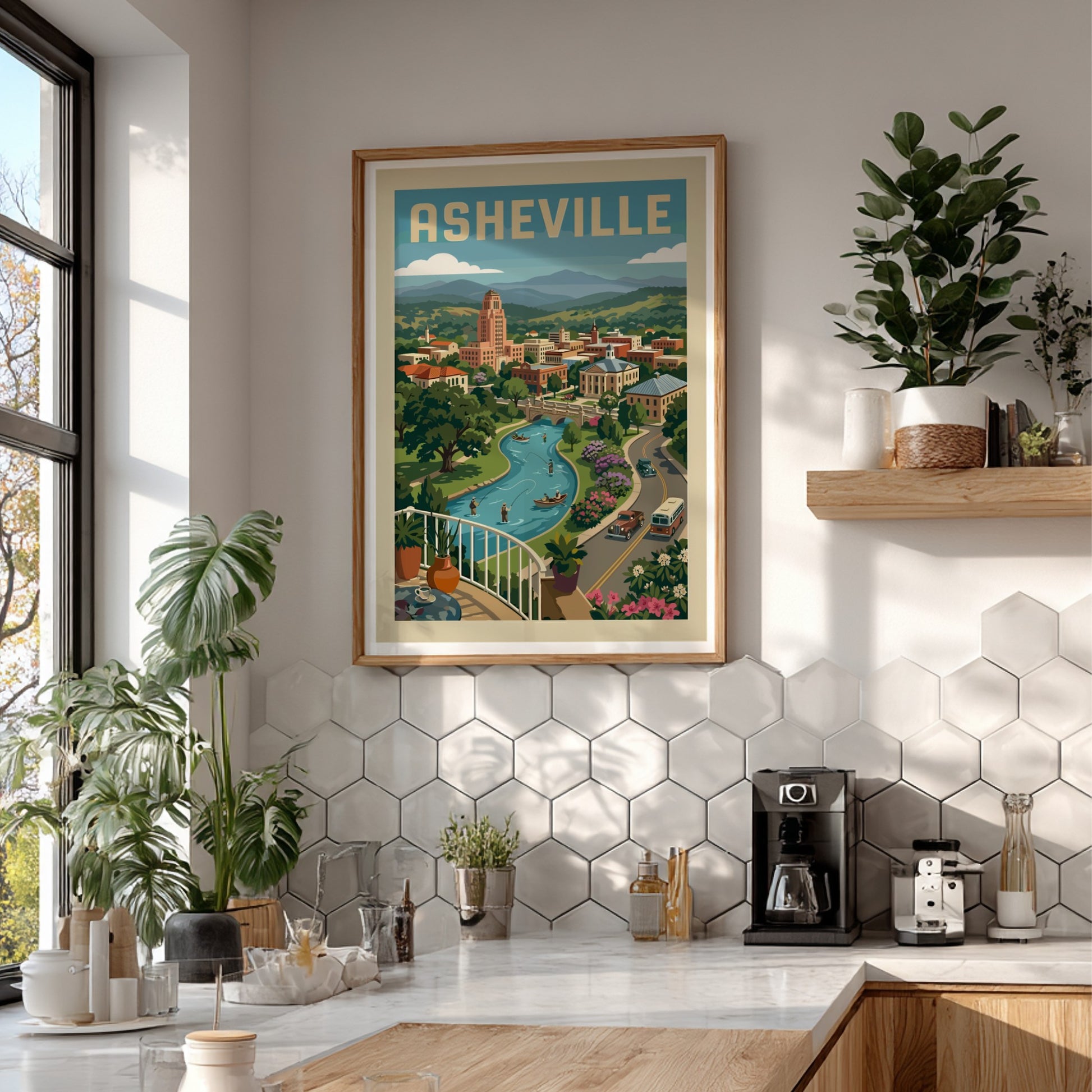 Vintage Asheville cityscape travel poster print with a river, mountains, and retro cars.