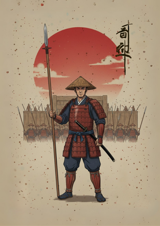 Illustration of a samurai warrior holding a spear against a sunset backdrop with Japanese text.
