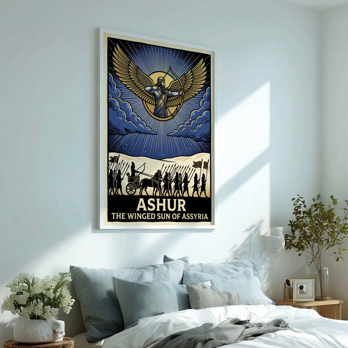Poster featuring Ashur the winged sun god of Assyria with an ancient marching army.