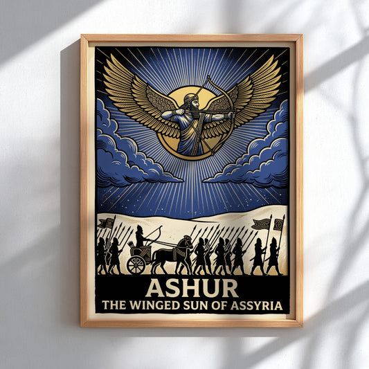 Poster featuring Ashur the winged sun god of Assyria with an ancient marching army.