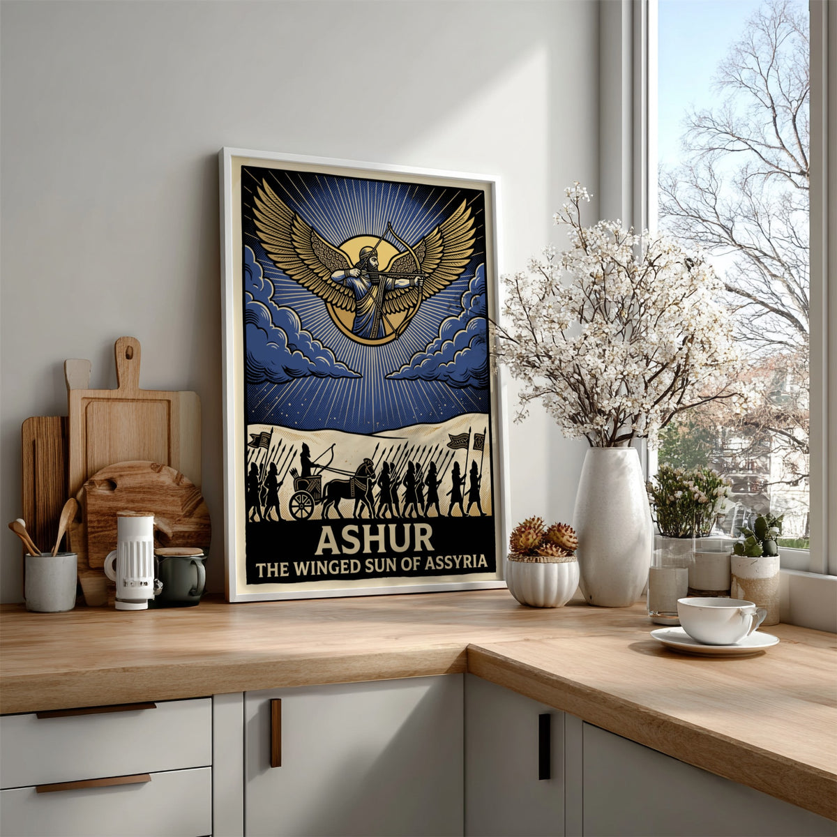 Poster featuring Ashur the winged sun god of Assyria with an ancient marching army.
