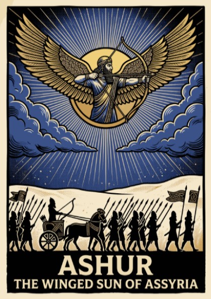 Poster featuring Ashur the winged sun god of Assyria with an ancient marching army.