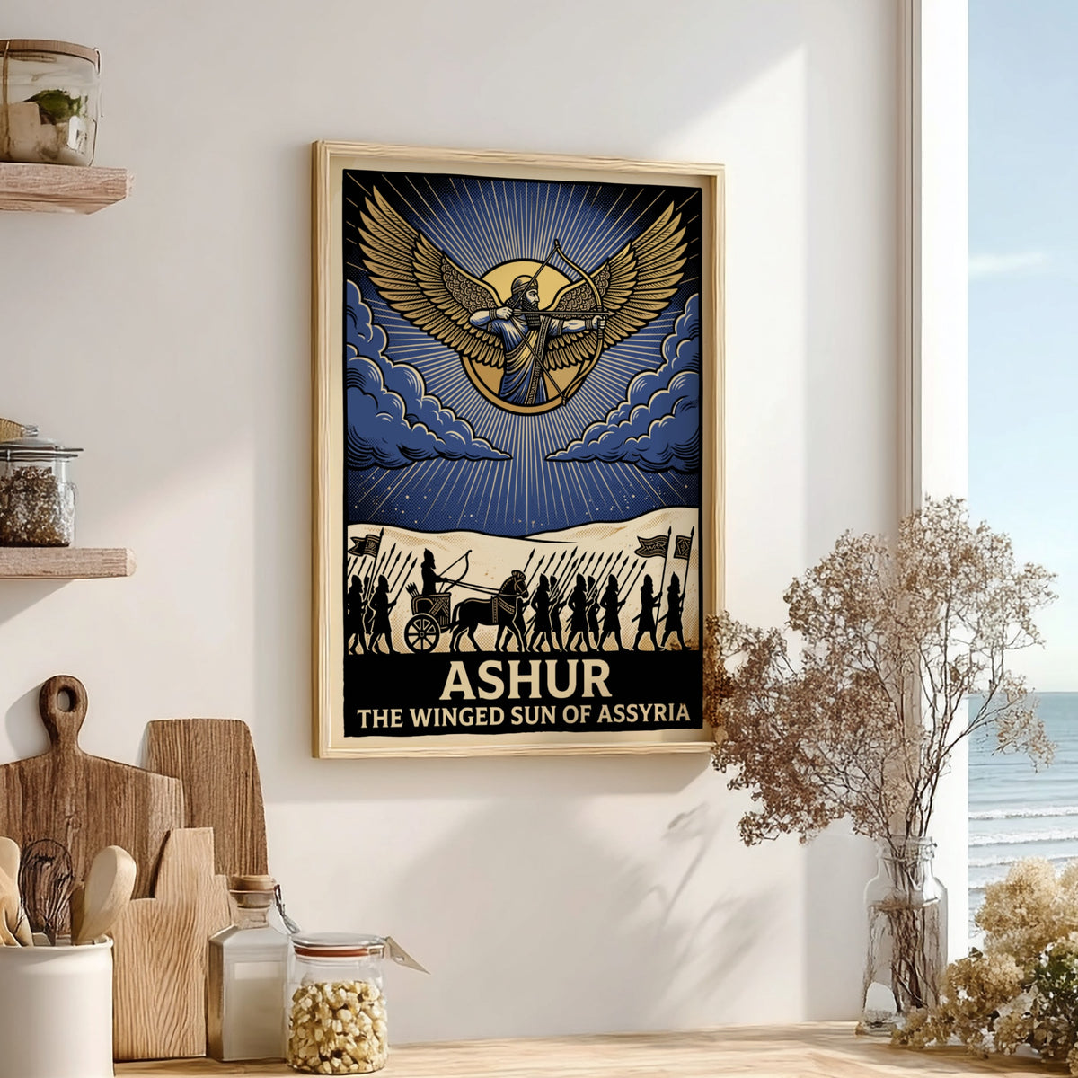 Poster featuring Ashur the winged sun god of Assyria with an ancient marching army.