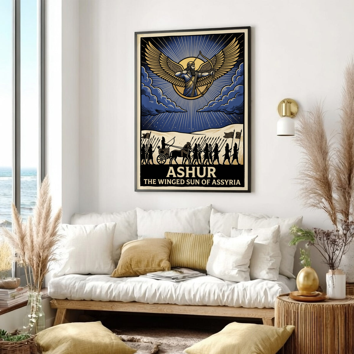Poster featuring Ashur the winged sun god of Assyria with an ancient marching army.