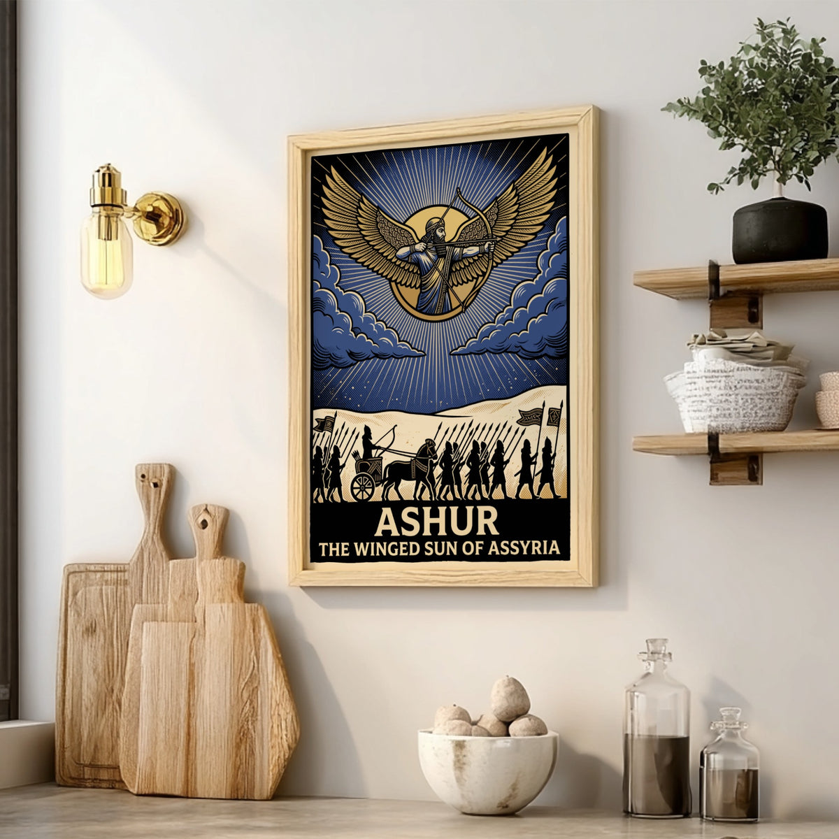 Poster featuring Ashur the winged sun god of Assyria with an ancient marching army.