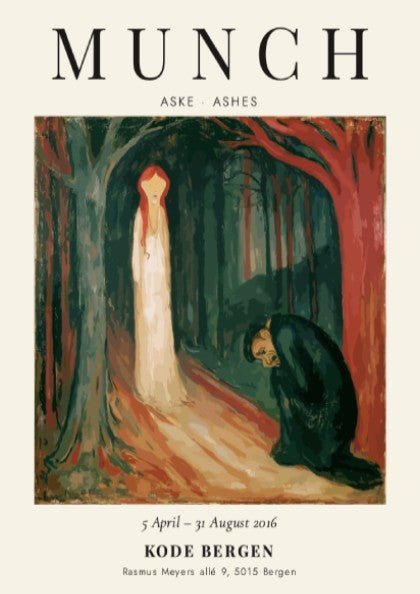Edvard Munch poster featuring Aske - Ashes with deep reds and muted tones, capturing emotion and