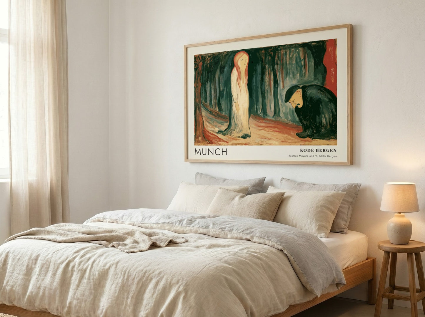 Exhibition poster featuring Edvard Munch's Ashes painting in a light wooden frame hanging