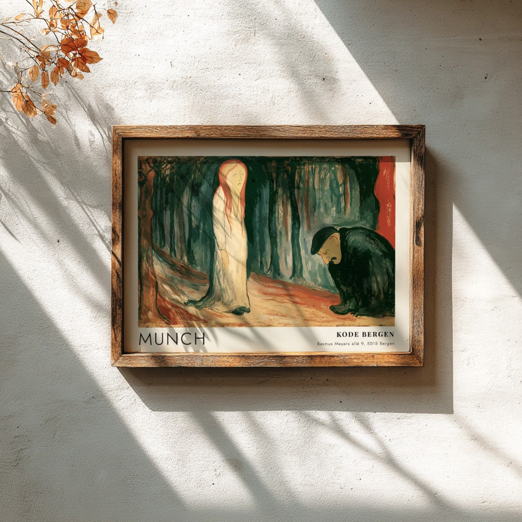 Exhibition poster featuring Edvard Munch's Ashes painting in a light wooden frame hanging