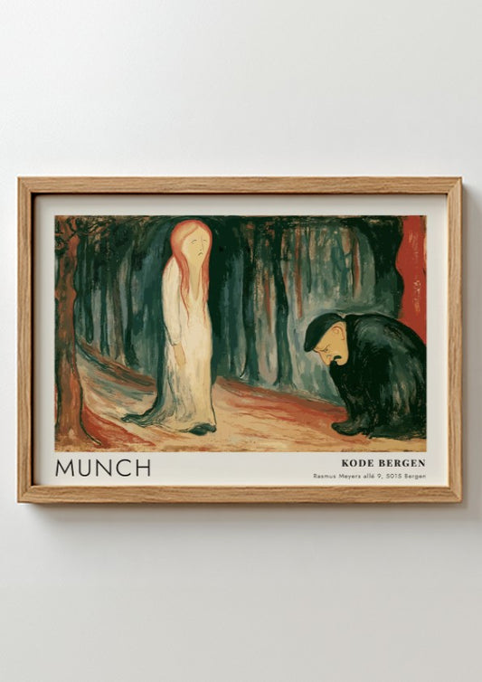 Exhibition poster featuring Edvard Munch's Ashes painting in a light wooden frame hanging