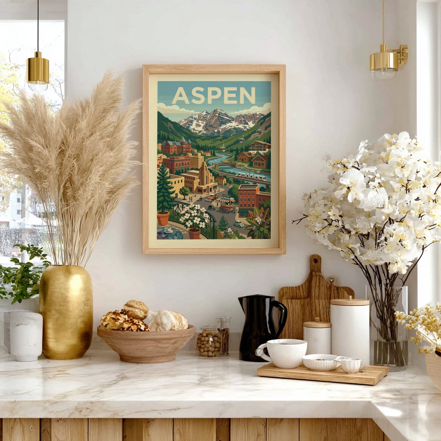 Retro illustration poster of Aspen mountain town with snow-capped peaks, river, and cable cars.