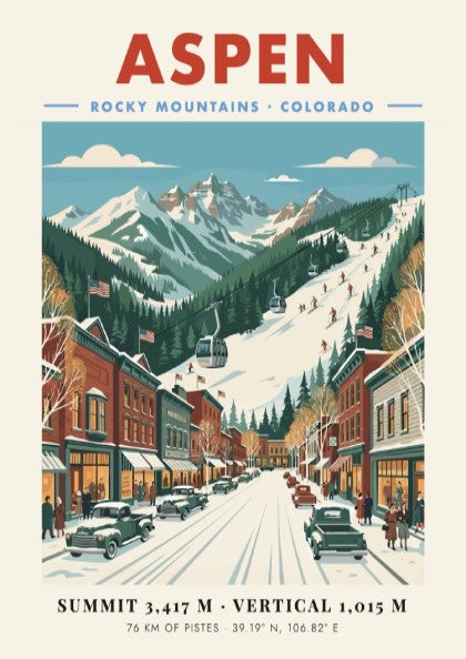 Aspen ski resort poster featuring vintage mountain landscape and town scene