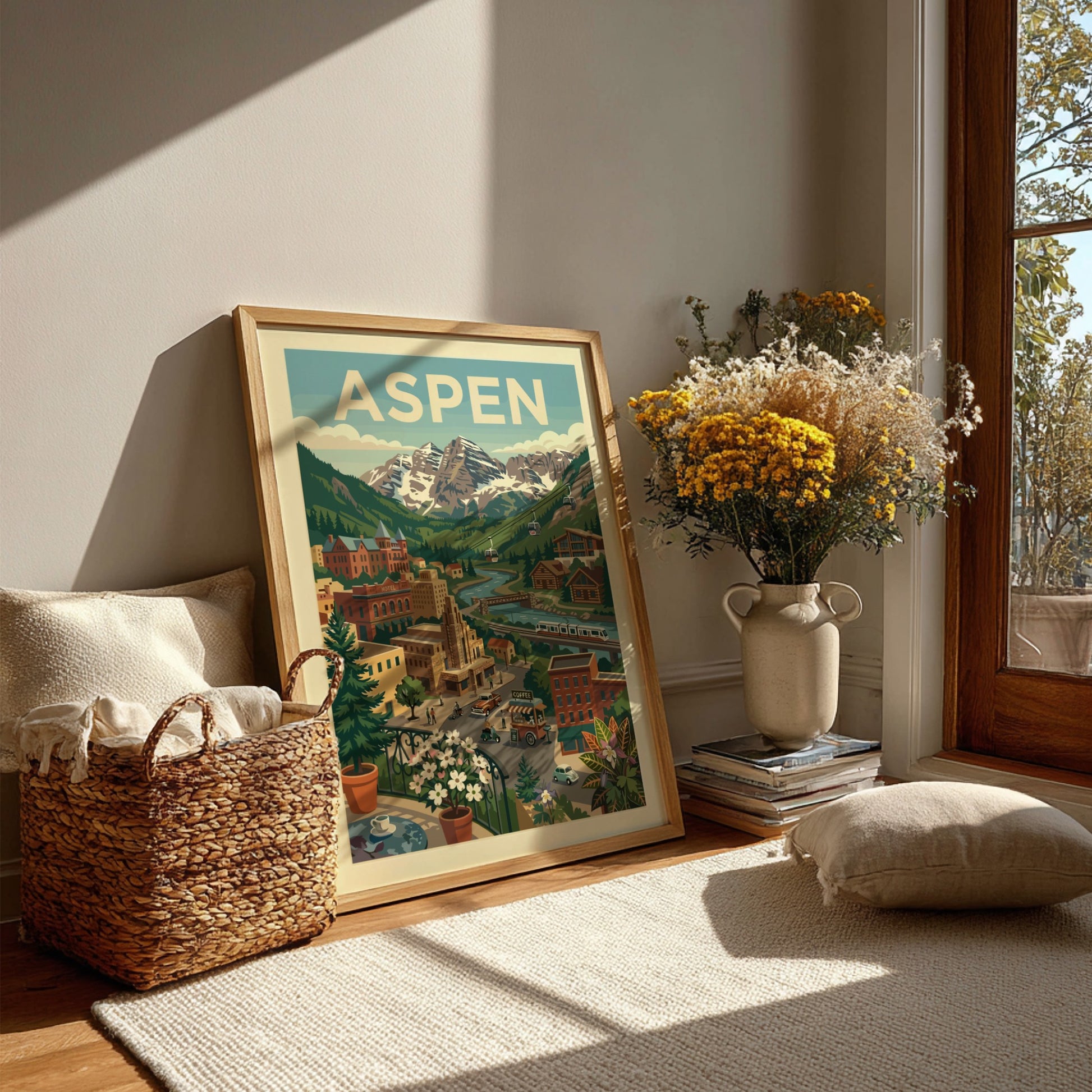 Retro illustration poster of Aspen mountain town with snow-capped peaks, river, and cable cars.