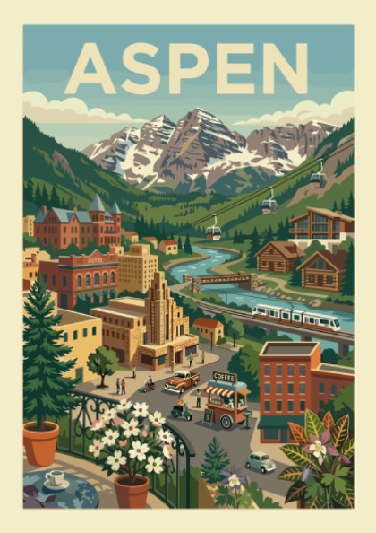 Retro illustration poster of Aspen mountain town with snow-capped peaks, river, and cable cars.