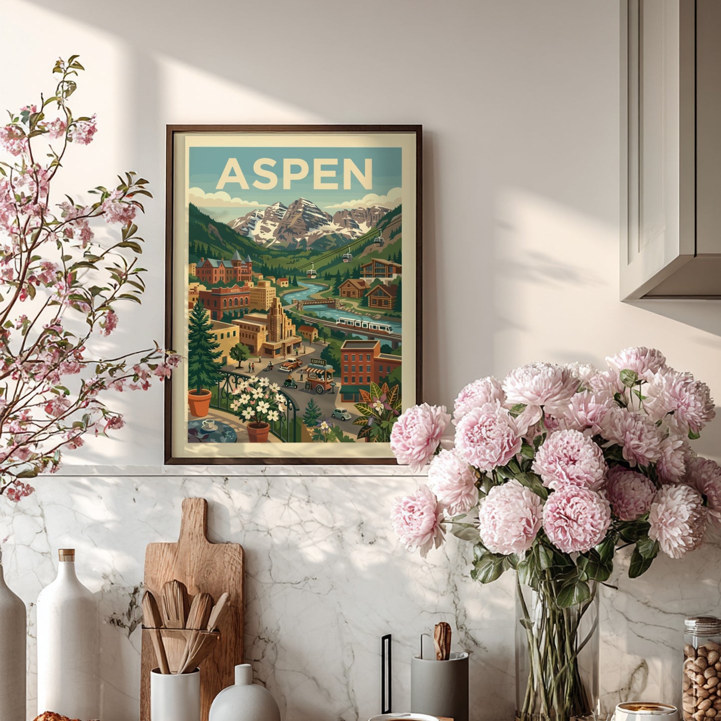 Retro illustration poster of Aspen mountain town with snow-capped peaks, river, and cable cars.