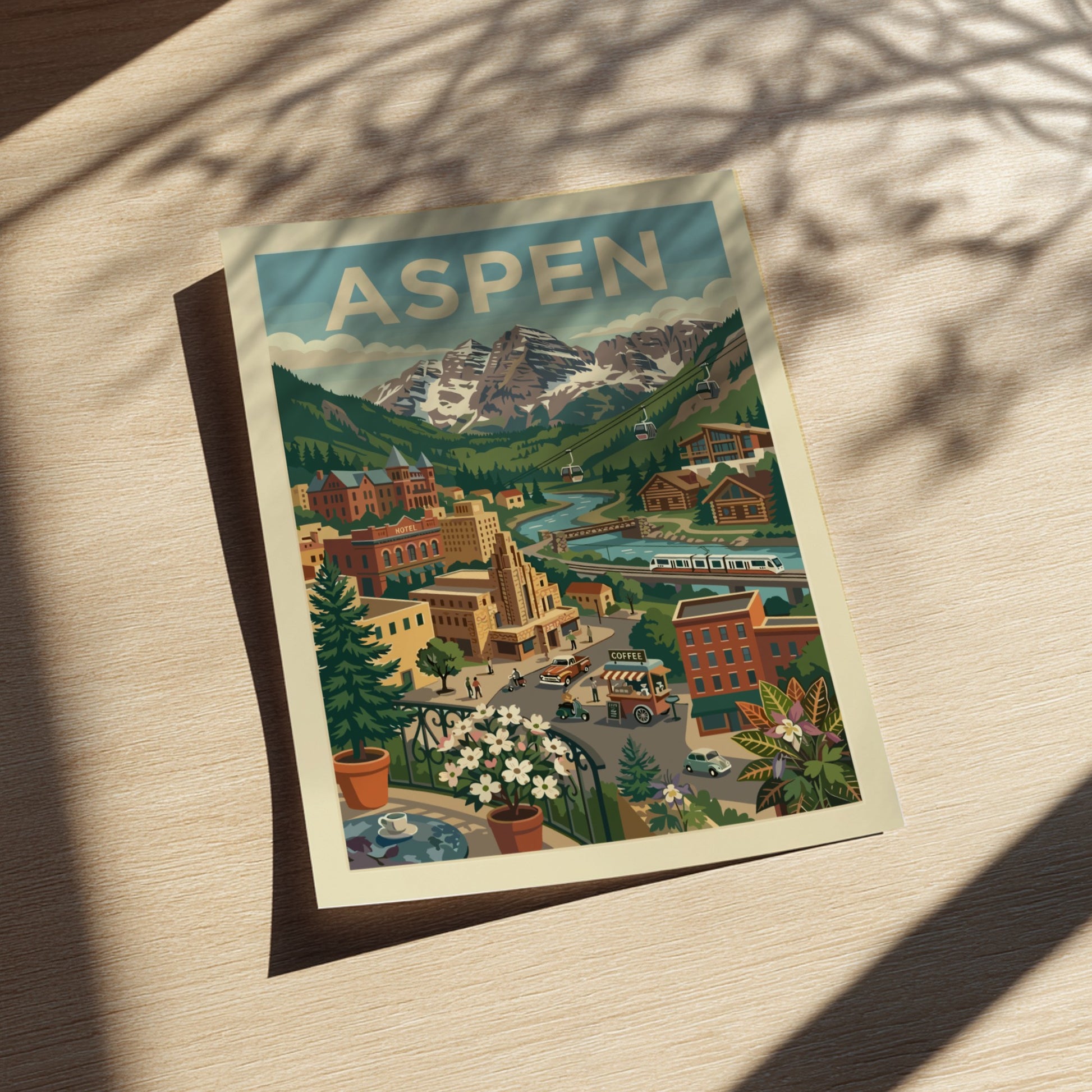 Retro illustration poster of Aspen mountain town with snow-capped peaks, river, and cable cars.