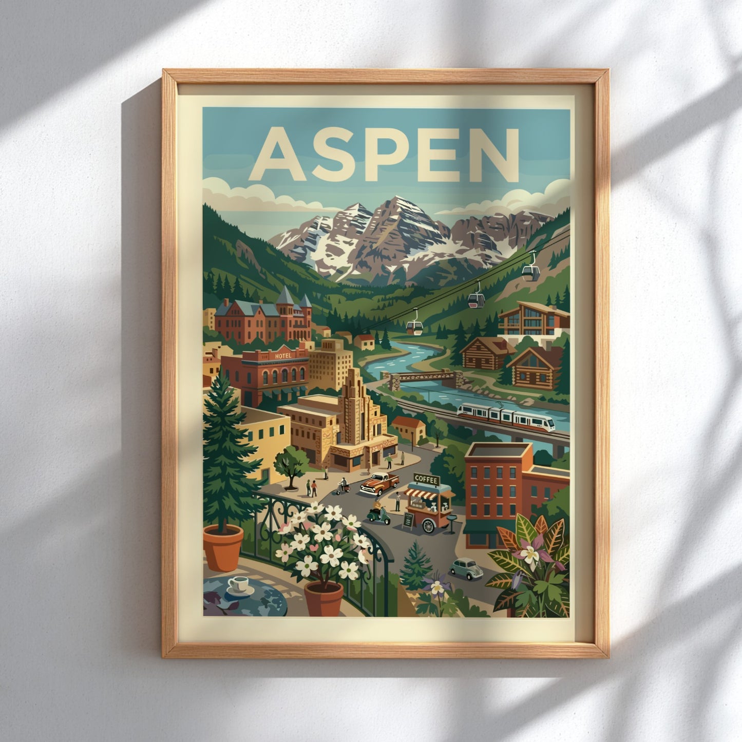 Retro illustration poster of Aspen mountain town with snow-capped peaks, river, and cable cars.