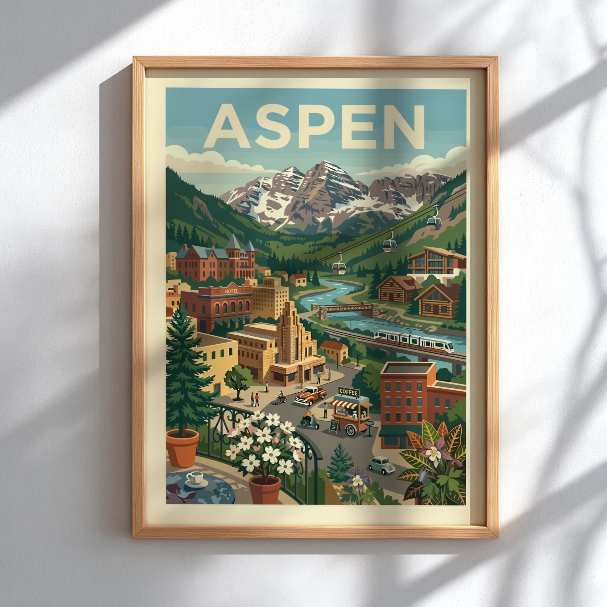 Retro illustration poster of Aspen mountain town with snow-capped peaks, river, and cable cars.