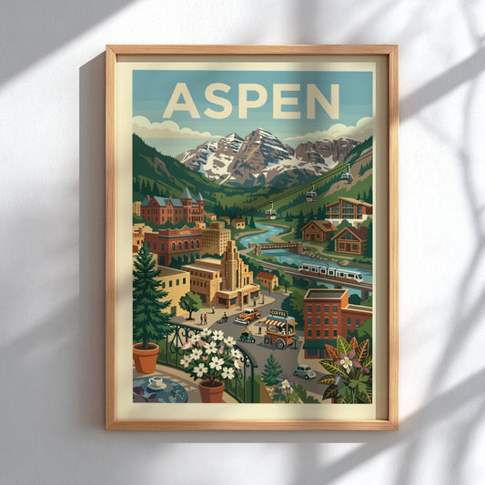Retro illustration poster of Aspen mountain town with snow-capped peaks, river, and cable cars.