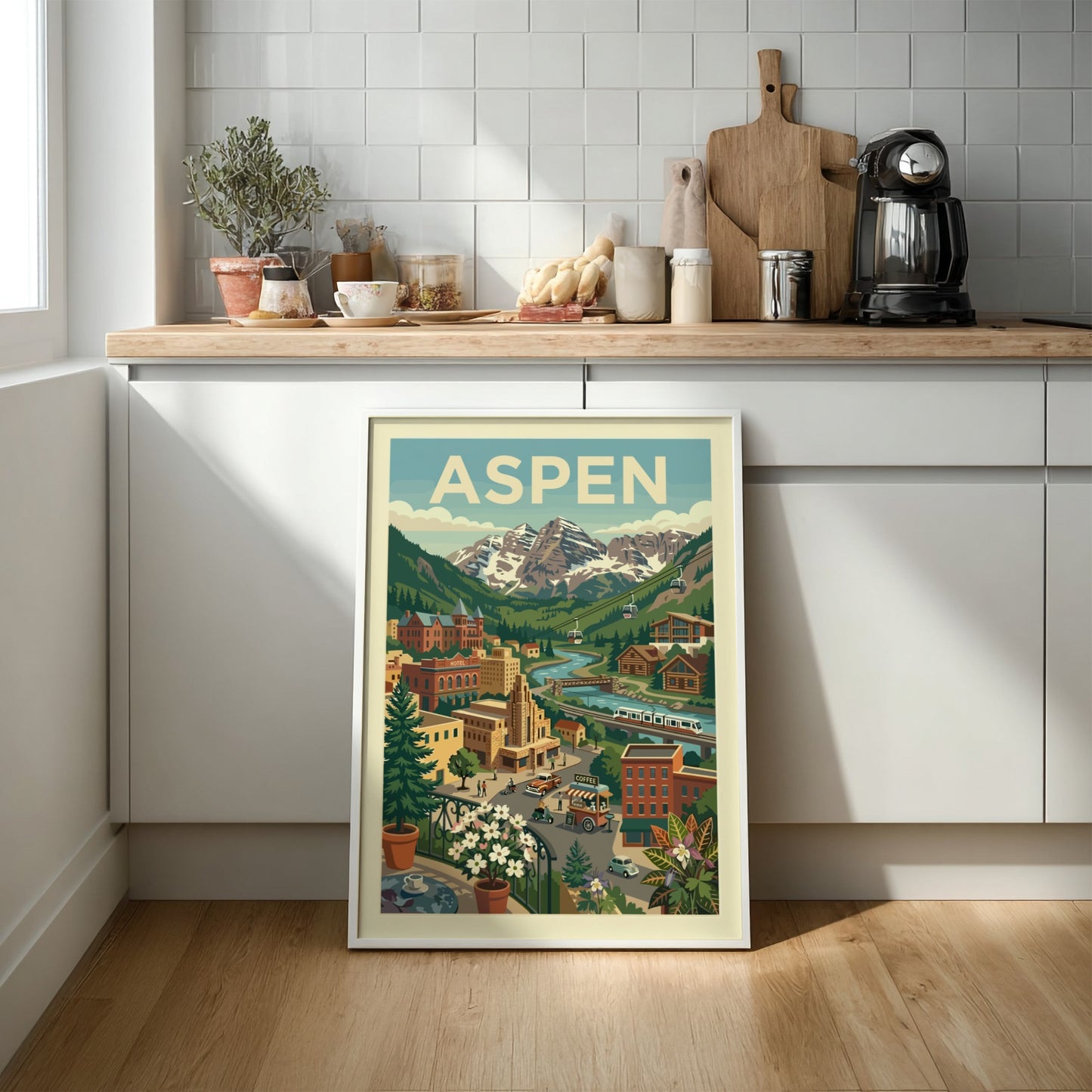 Retro illustration poster of Aspen mountain town with snow-capped peaks, river, and cable cars.