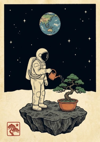 Japanese art style poster featuring an astronaut watering a bonsai tree on the moon with a cosmic backdrop