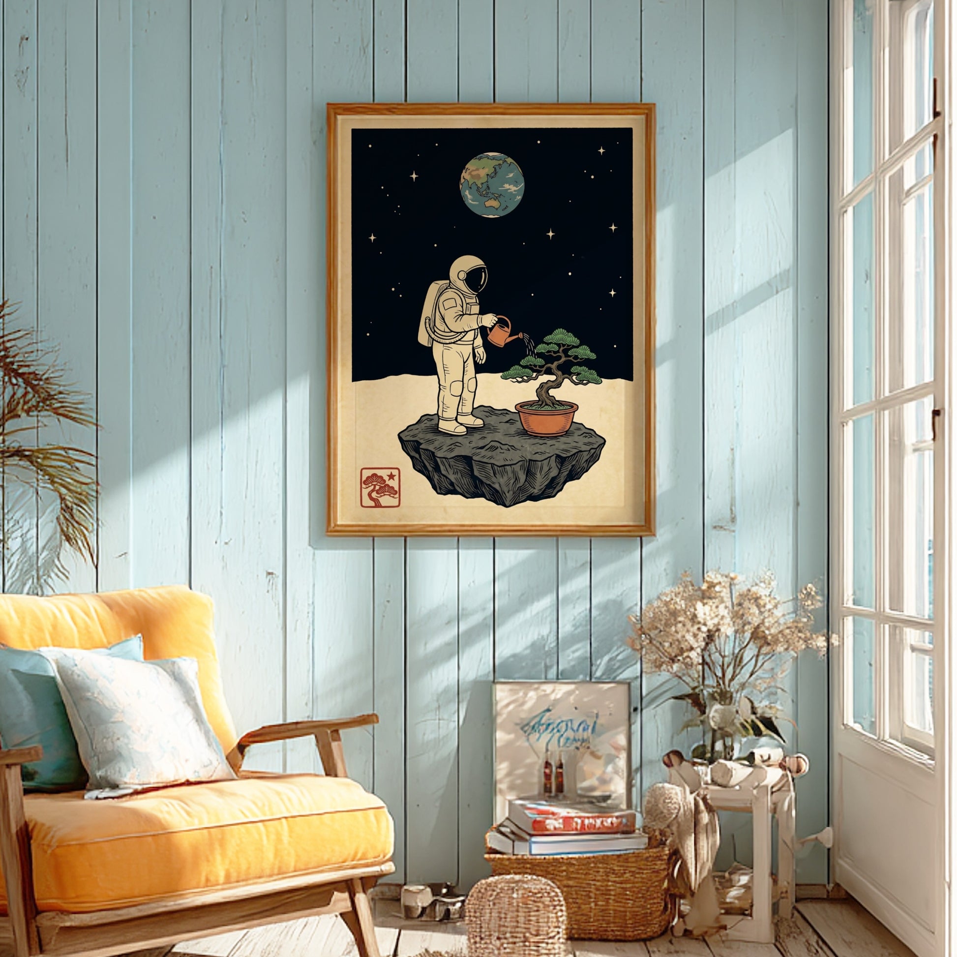 Japanese art style poster featuring an astronaut watering a bonsai tree on the moon with a cosmic backdrop