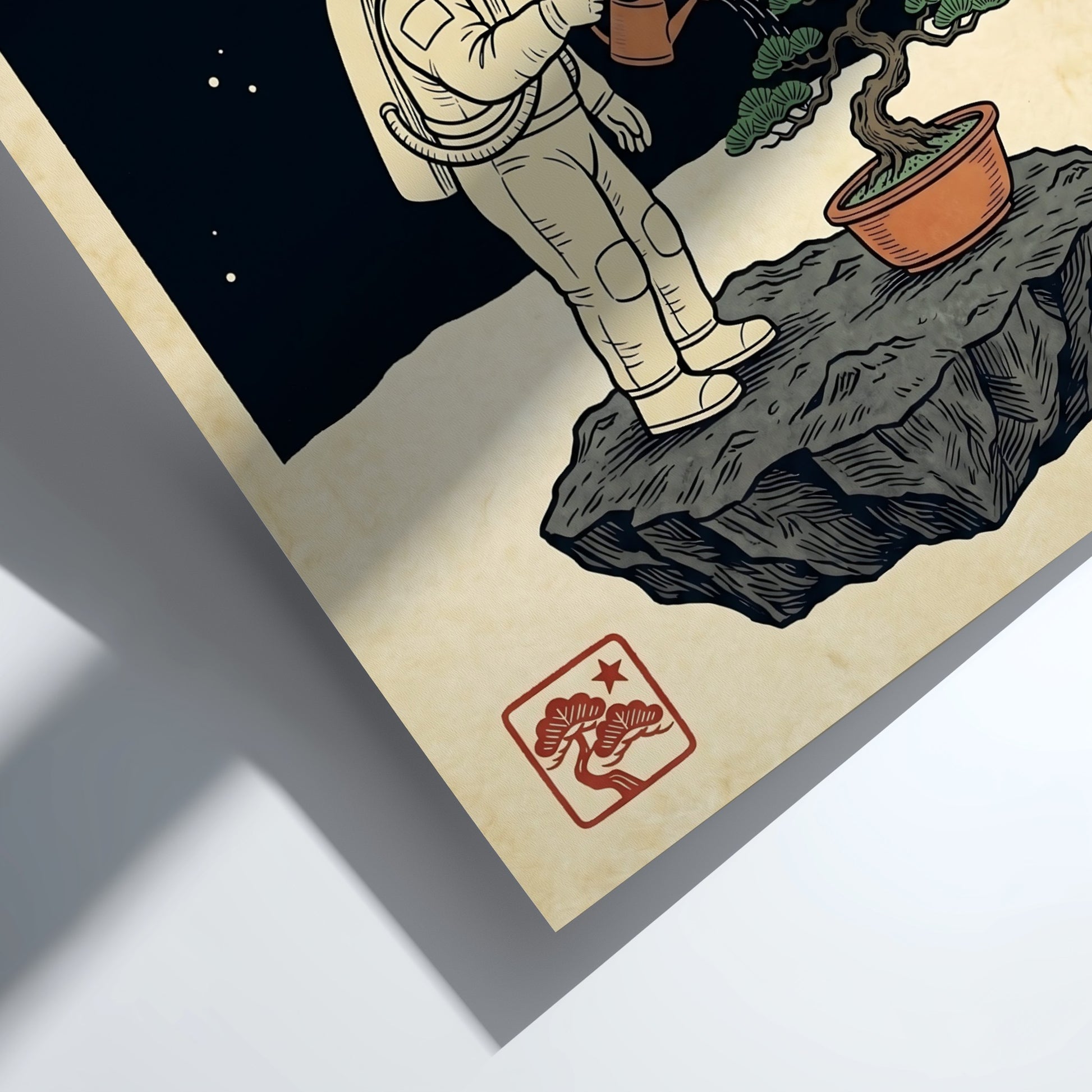 Japanese art style poster featuring an astronaut watering a bonsai tree on the moon with a cosmic backdrop